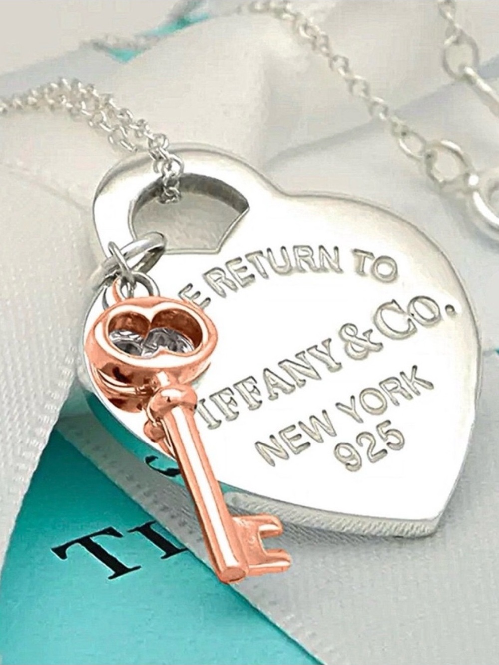 Authentic TIFFANY & Co 925 Silver and Rose-gold Heart Key Pendant Necklace